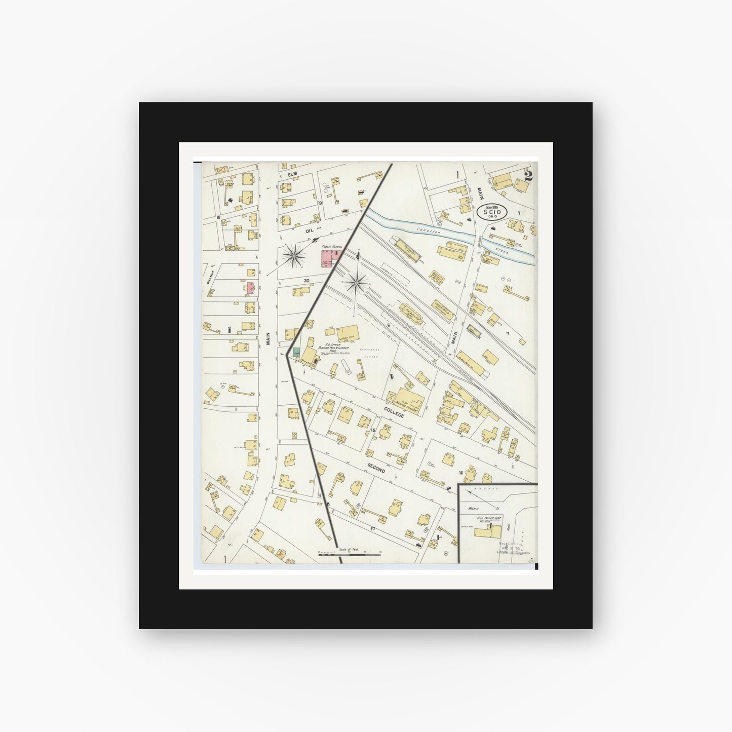 Old map wall art mockup — black gallery frame with white mat — Sanborn Fire Insurance Map from Scio, Harrison County, Ohio (1899), Sheet #0002