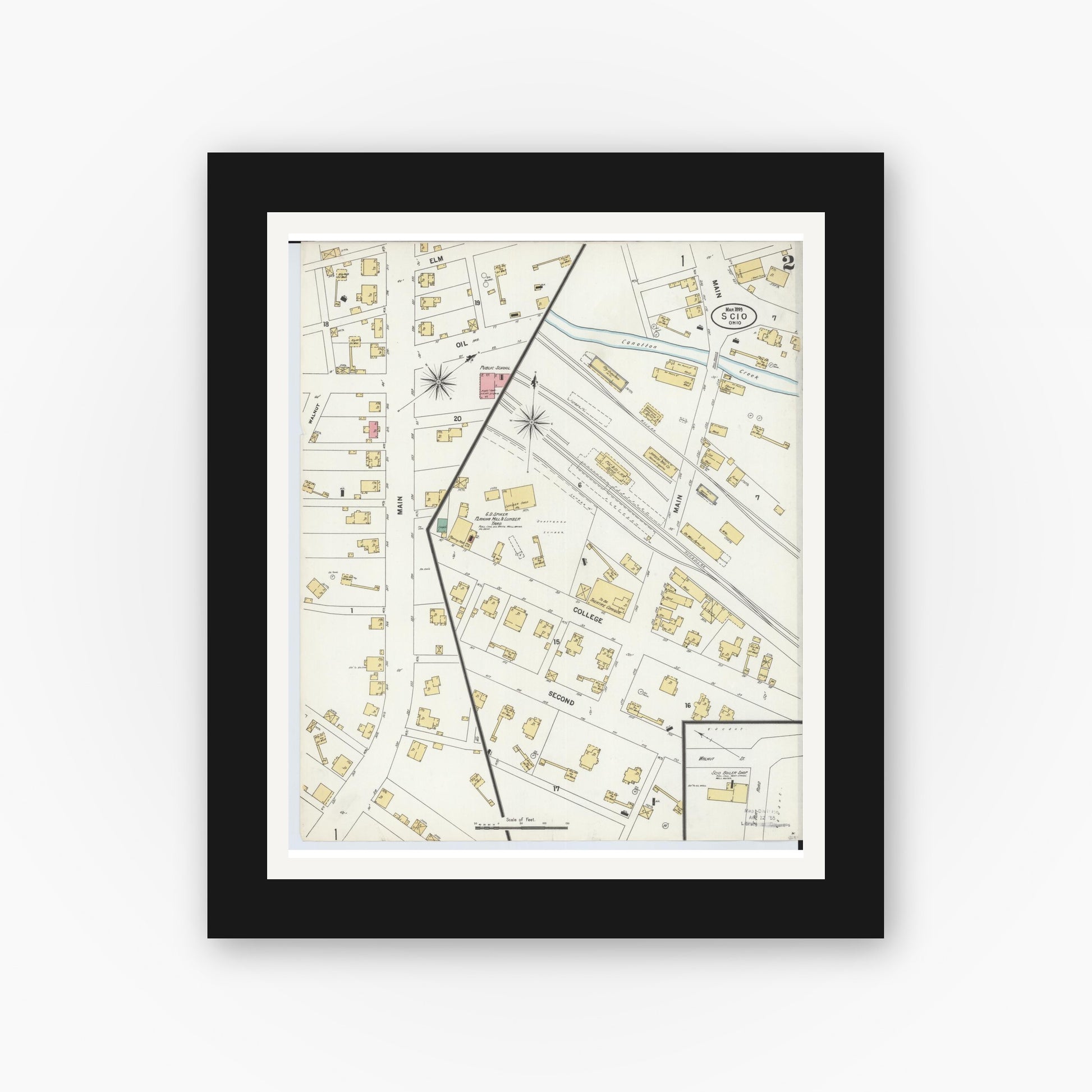 Old map wall art mockup — black gallery frame with white mat — Sanborn Fire Insurance Map from Scio, Harrison County, Ohio (1899), Sheet #0002
