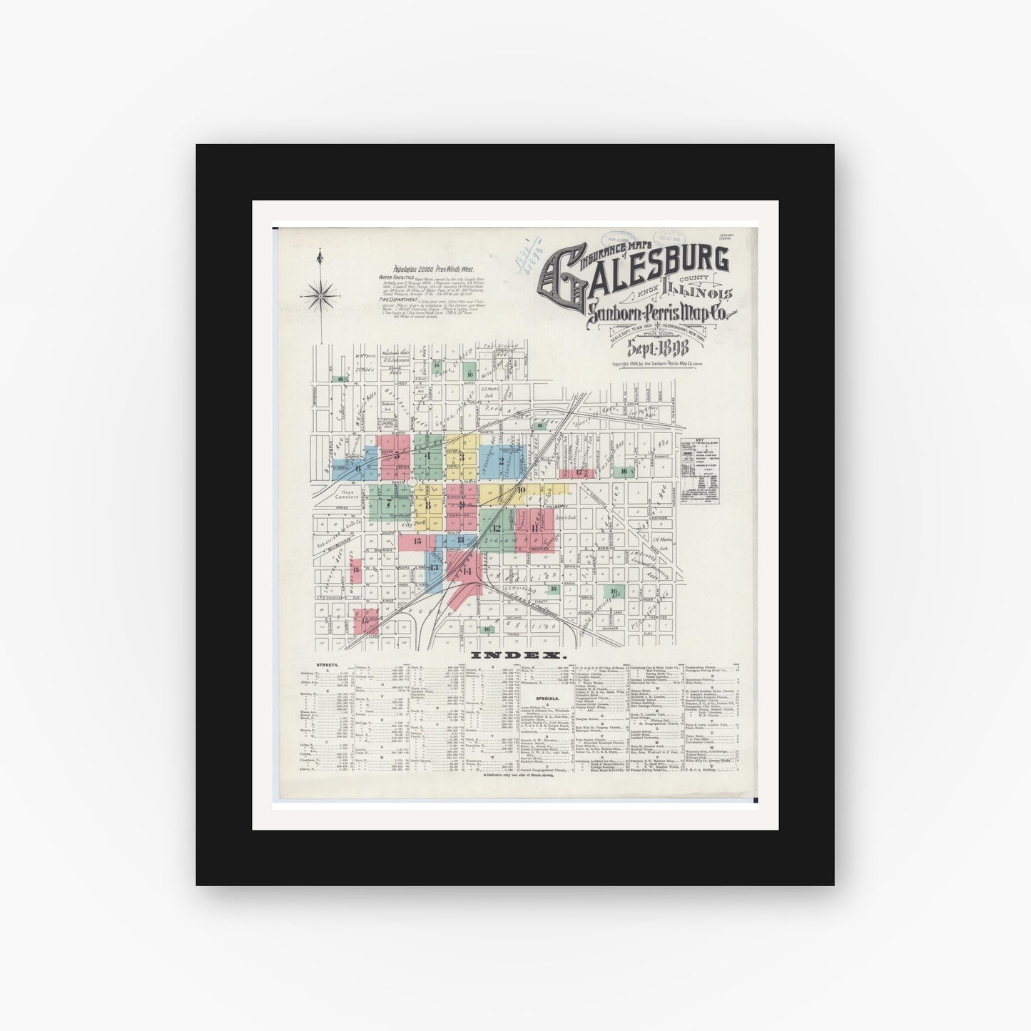 Old map wall art mockup — black gallery frame with white mat — Sanborn Fire Insurance Map from Galesburg, Knox County, Illinois (1898), Sheet #0001