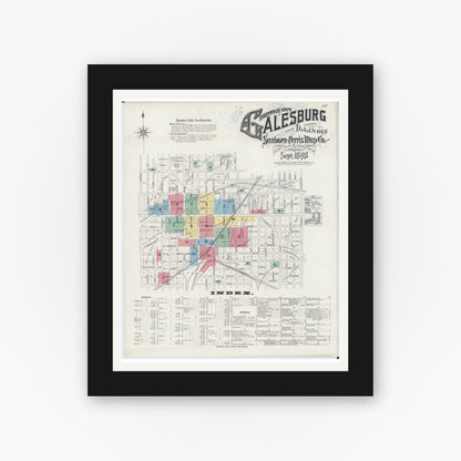 Old map wall art mockup — black gallery frame with white mat — Sanborn Fire Insurance Map from Galesburg, Knox County, Illinois (1898), Sheet #0001
