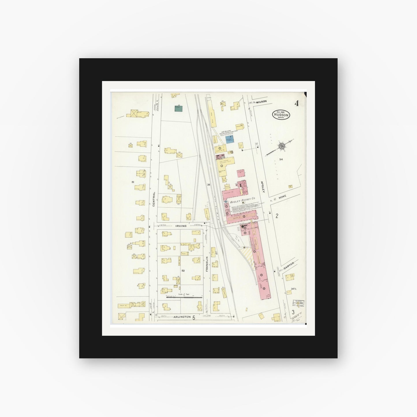 Old map wall art mockup — black gallery frame with white mat — Sanborn Fire Insurance Map from Hudson, Middlesex County, Massachusetts (1909), Sheet #0004
