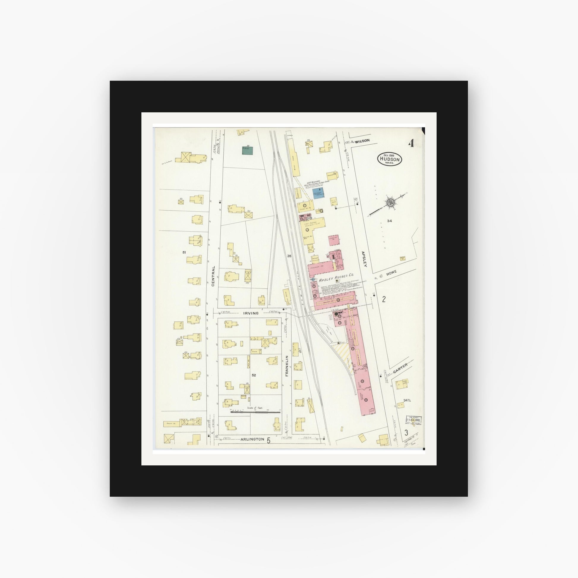 Old map wall art mockup — black gallery frame with white mat — Sanborn Fire Insurance Map from Hudson, Middlesex County, Massachusetts (1909), Sheet #0004