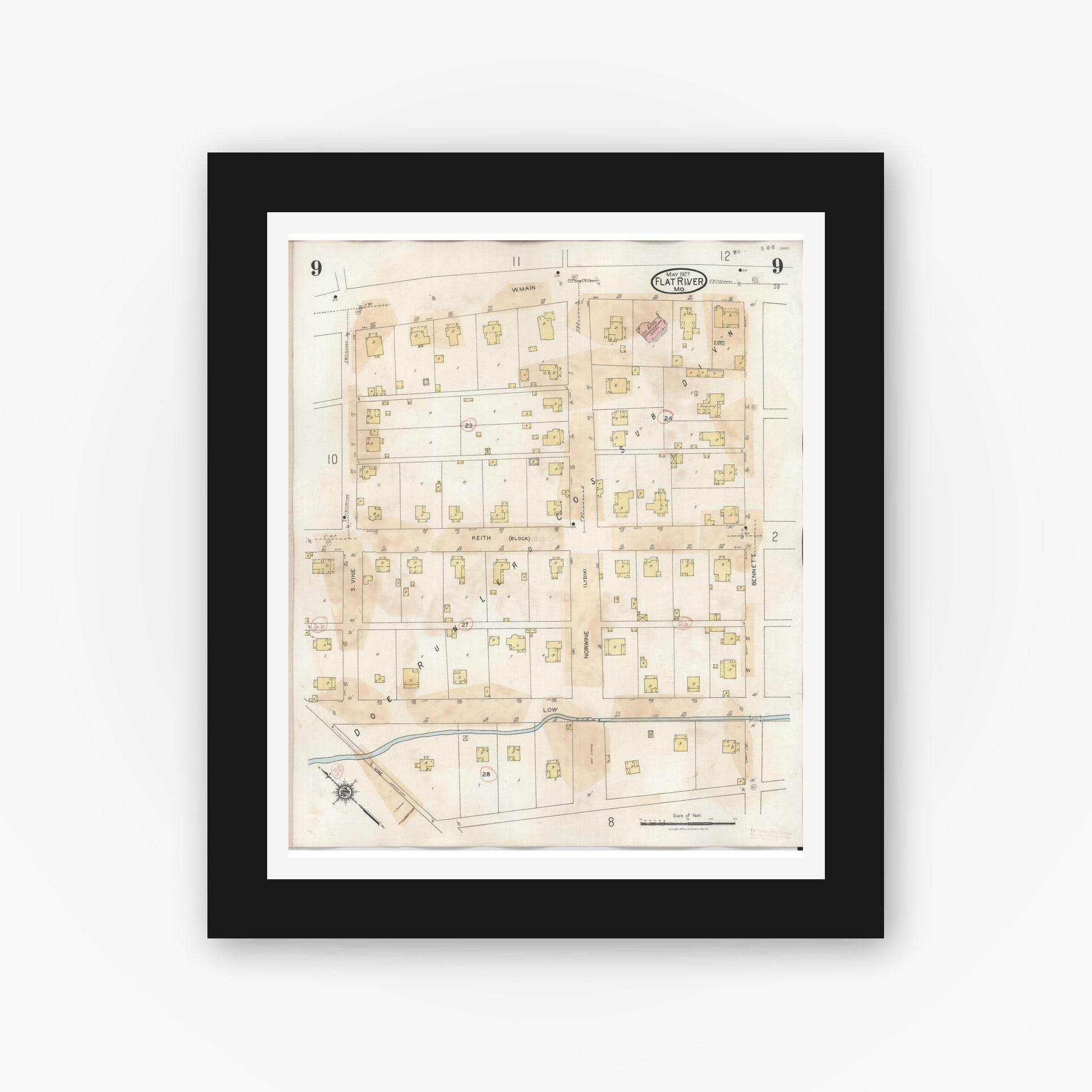 Old map wall art mockup — black gallery frame with white mat — Sanborn Fire Insurance Map from Flat River, Saint Francois County, Missouri (1938), Sheet #0009