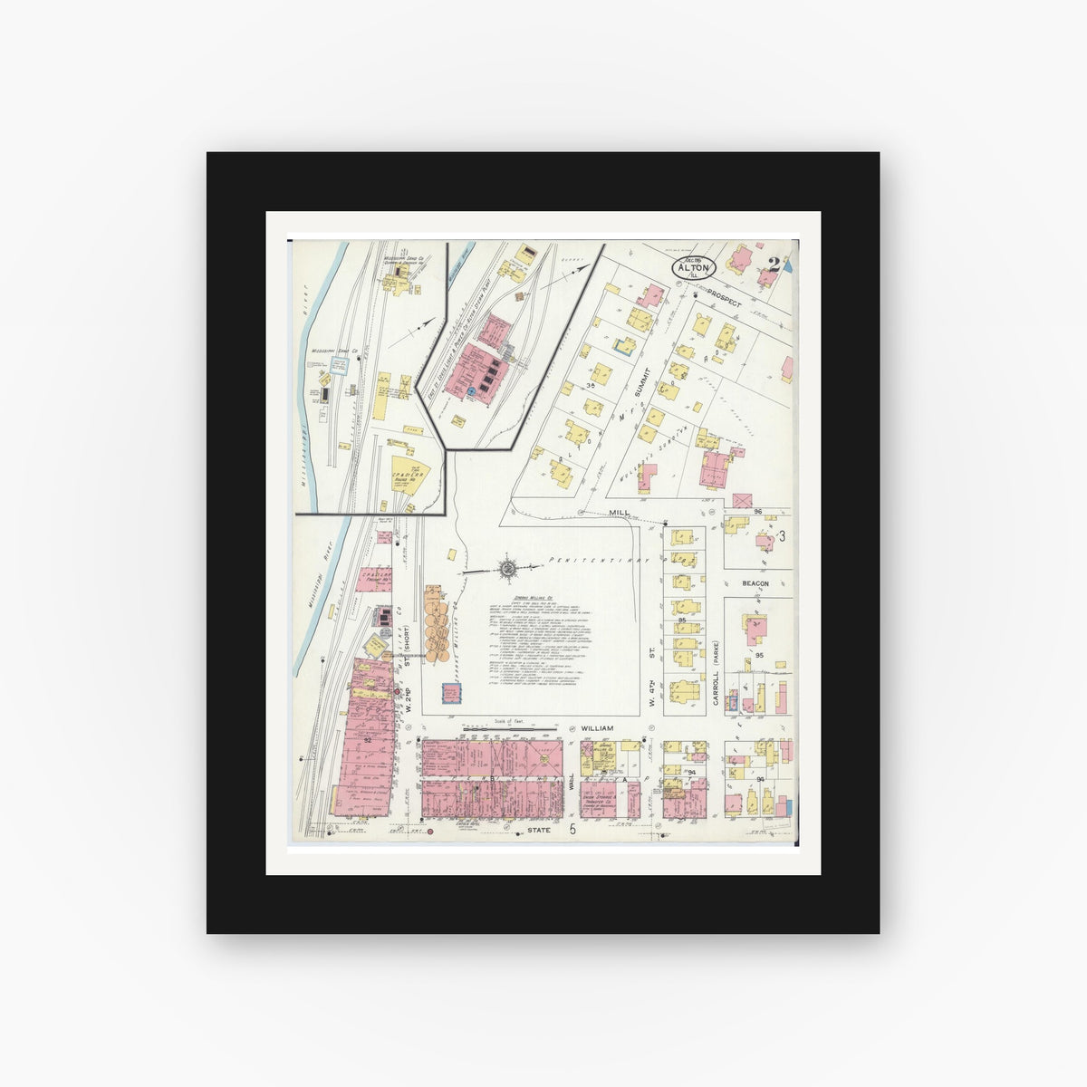 Old map wall art mockup — black gallery frame with white mat — Sanborn Fire Insurance Map from Alton, Madison County, Illinois (1915), Sheet #0002