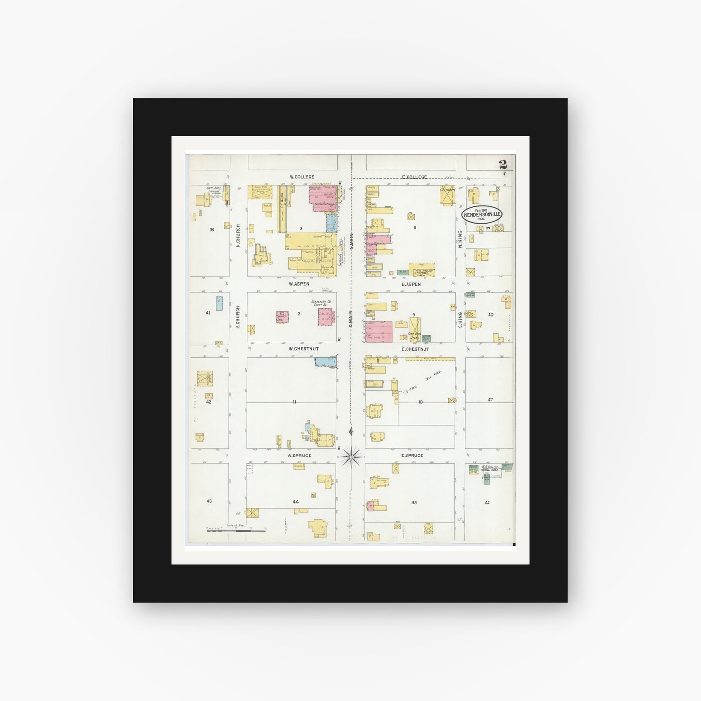 Old map wall art mockup — black gallery frame with white mat — Sanborn Fire Insurance Map from Hendersonville, Henderson County, North Carolina (1901), Sheet #0002
