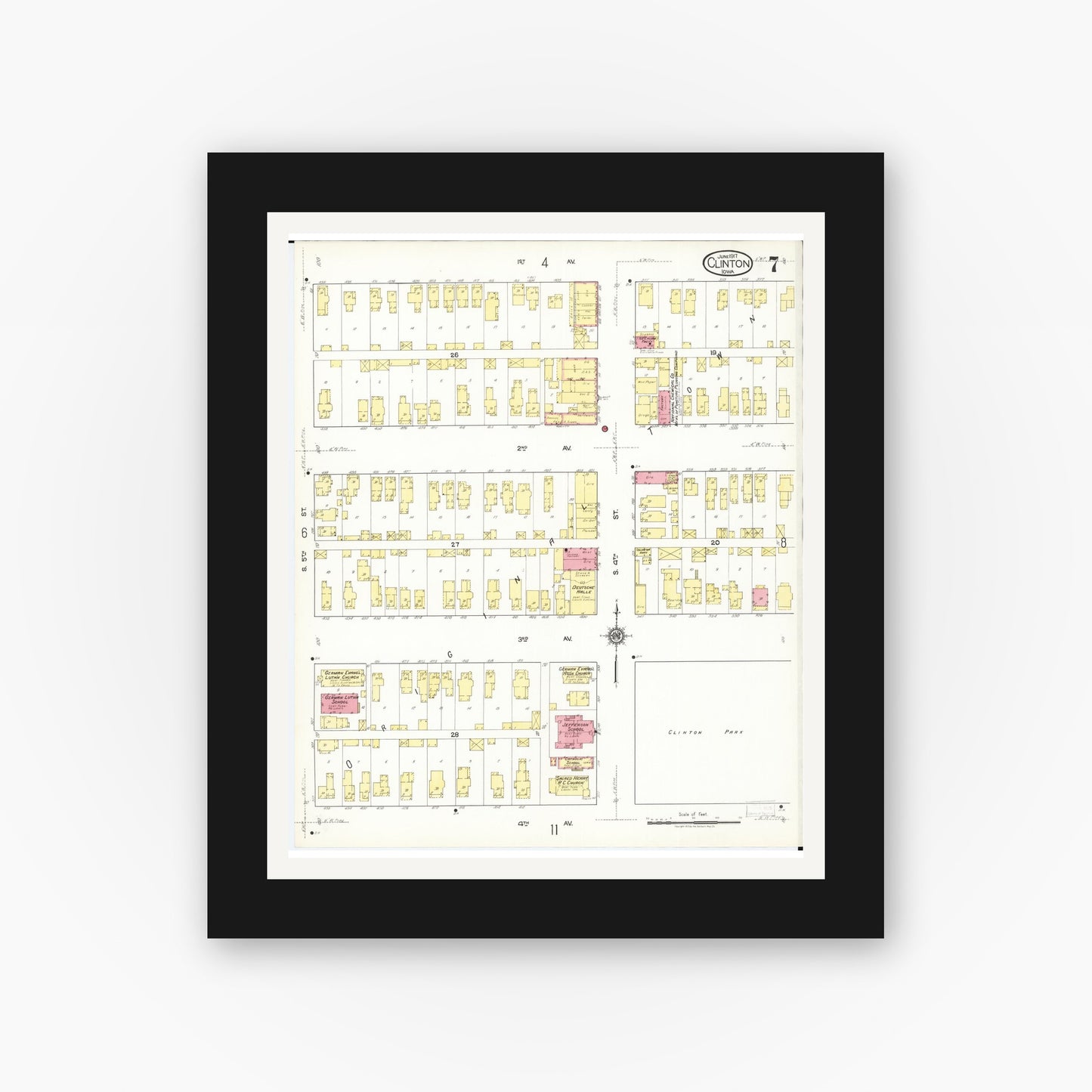 Old map wall art mockup — black gallery frame with white mat — Sanborn Fire Insurance Map from Clinton, Clinton County, Iowa (1917), Sheet #0007