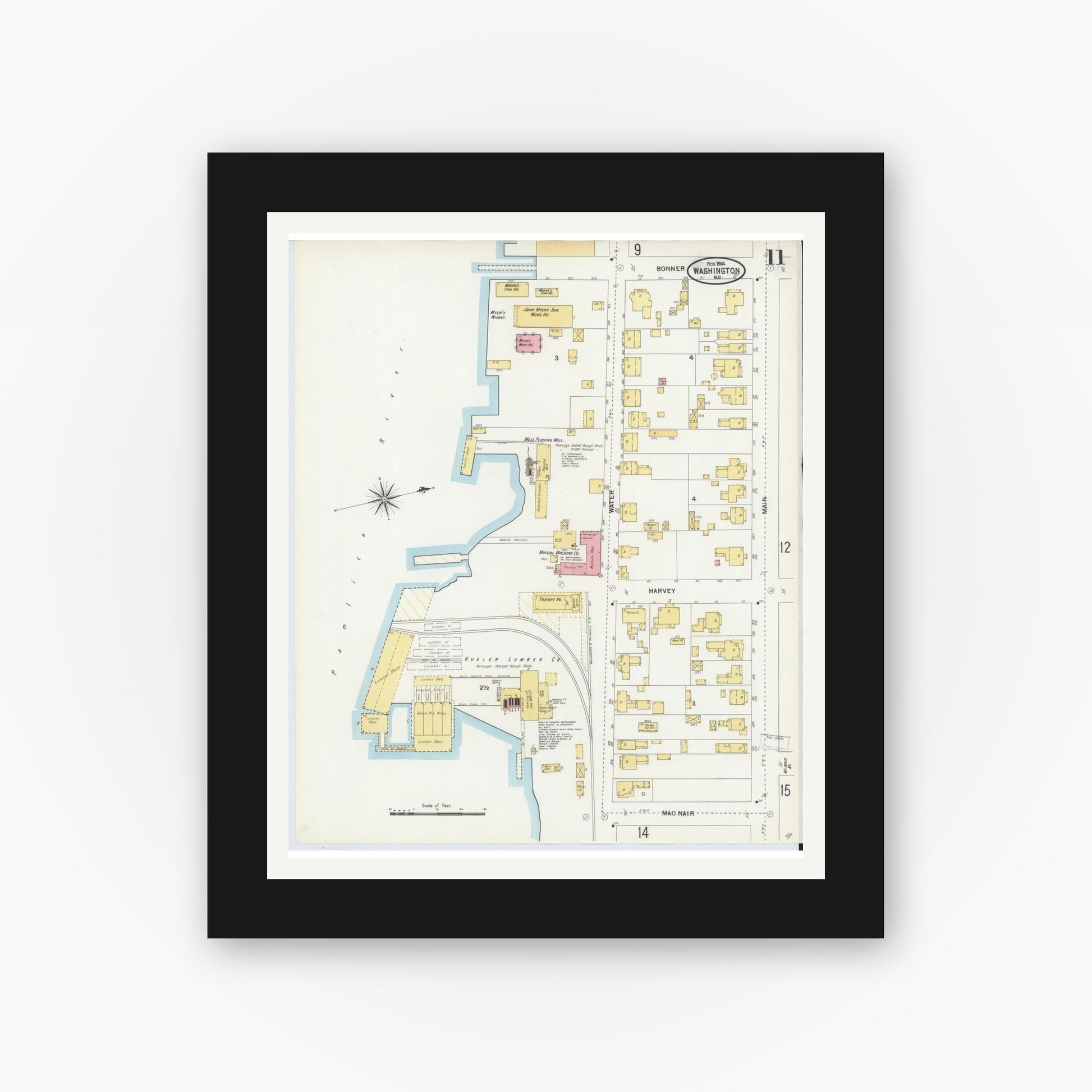 Old map wall art mockup — black gallery frame with white mat — Sanborn Fire Insurance Map from Washington, Beaufort County, North Carolina (1904), Sheet #0011