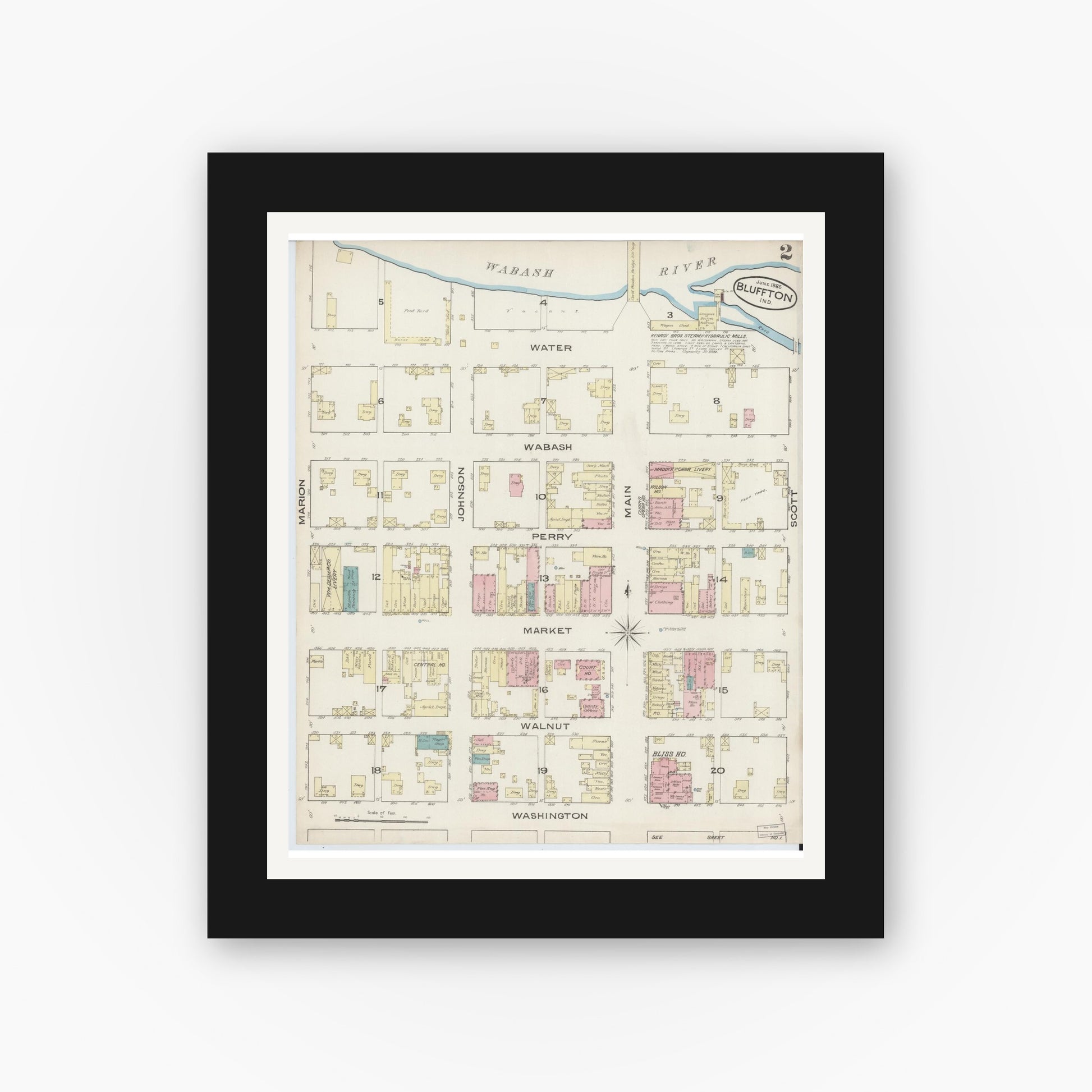 Old map wall art mockup — black gallery frame with white mat — Sanborn Fire Insurance Map from Bluffton, Wells County, Indiana (1885), Sheet #0002