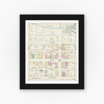 Old map wall art mockup — black gallery frame with white mat — Sanborn Fire Insurance Map from Bluffton, Wells County, Indiana (1885), Sheet #0002