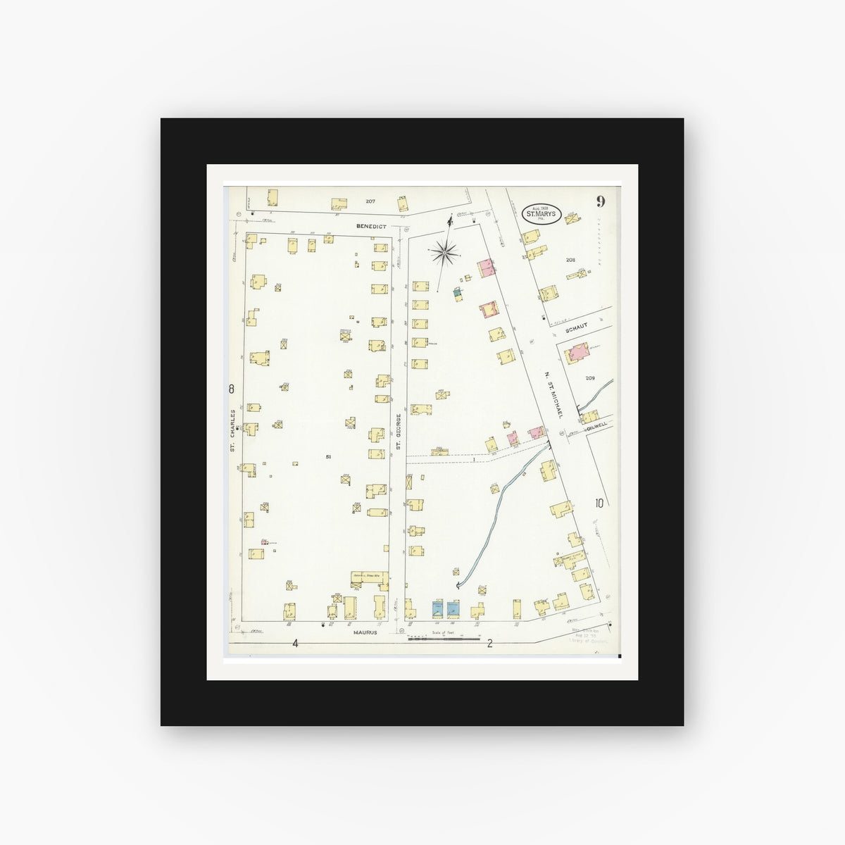 Old map wall art mockup — black gallery frame with white mat — Sanborn Fire Insurance Map from Saint Marys, Elk County, Pennsylvania (1909), Sheet #0009