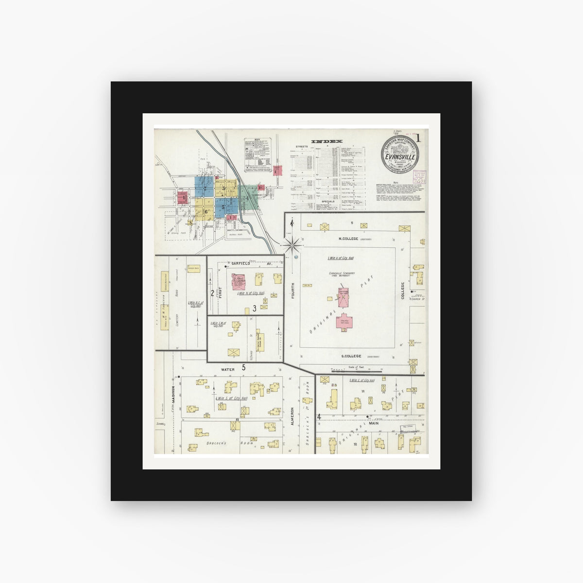 Old map wall art mockup — black gallery frame with white mat — Sanborn Fire Insurance Map from Evansville, Rock County, Wisconsin (1907), Sheet #0001