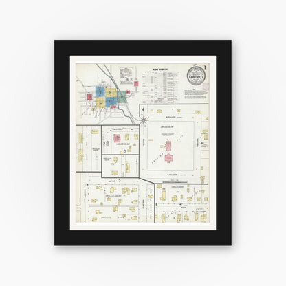Old map wall art mockup — black gallery frame with white mat — Sanborn Fire Insurance Map from Evansville, Rock County, Wisconsin (1907), Sheet #0001