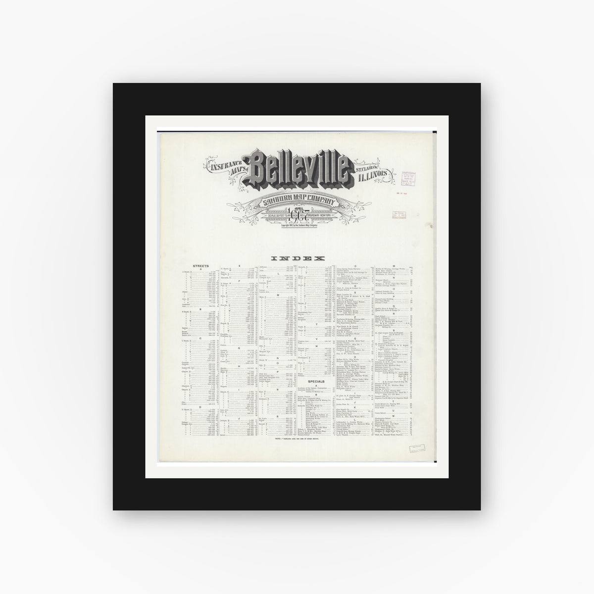 Old map wall art mockup — black gallery frame with white mat — Sanborn Fire Insurance Map from Belleville, Saint Clair County, Illinois (1907), Sheet #0001