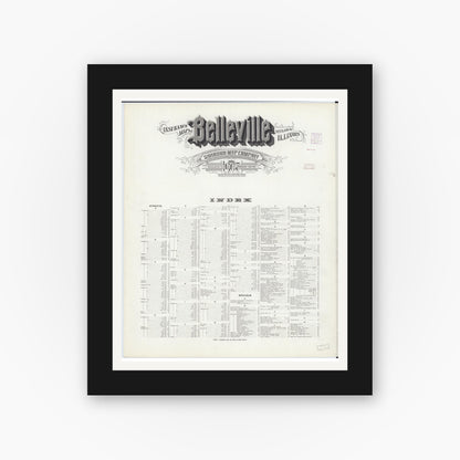 Old map wall art mockup — black gallery frame with white mat — Sanborn Fire Insurance Map from Belleville, Saint Clair County, Illinois (1907), Sheet #0001