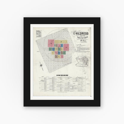 Old map wall art mockup — black gallery frame with white mat — Sanborn Fire Insurance Map from Childress, Childress County, Texas (1921), Sheet #0001