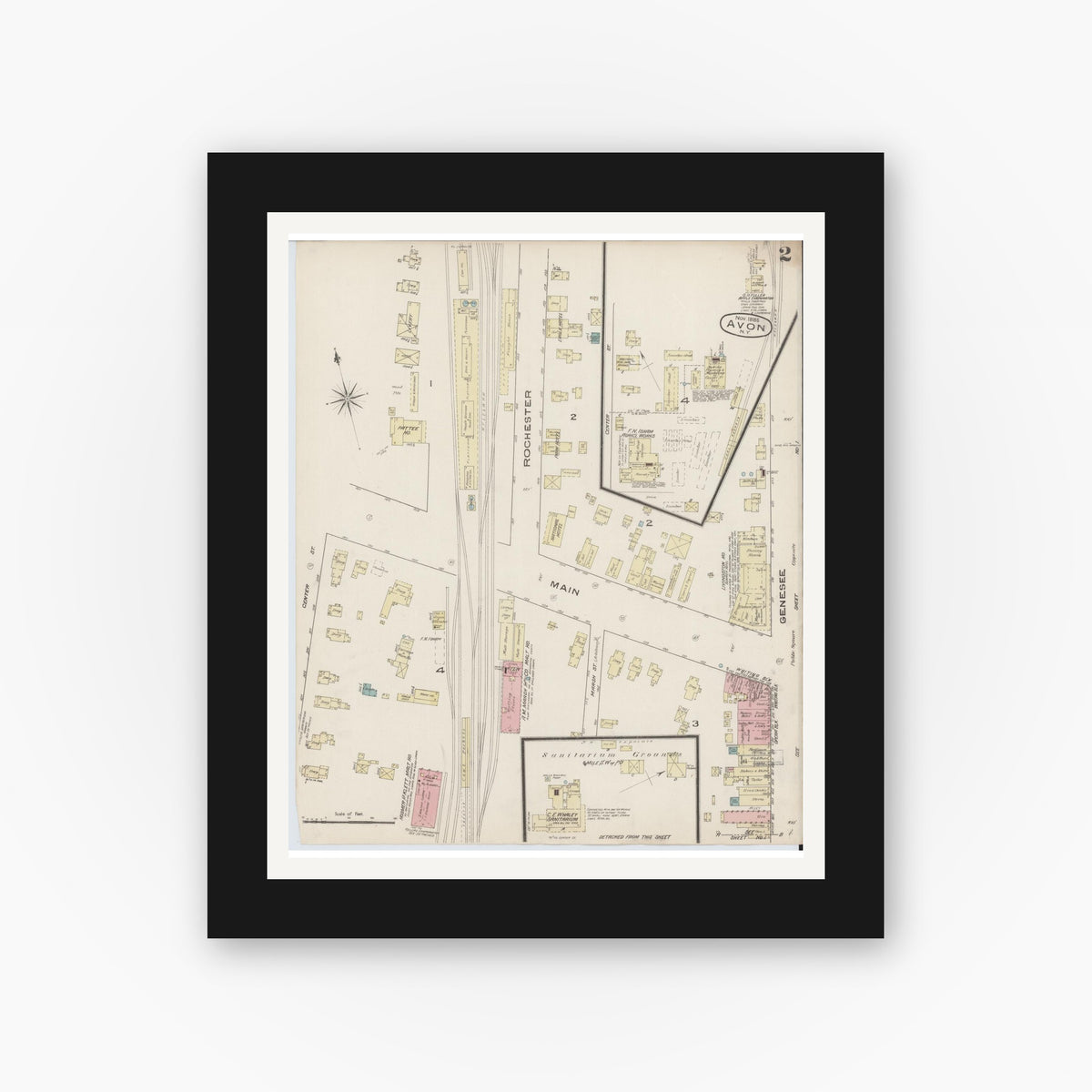 Old map wall art mockup — black gallery frame with white mat — Sanborn Fire Insurance Map from Avon, Livingston County, New York (1885), Sheet #0002