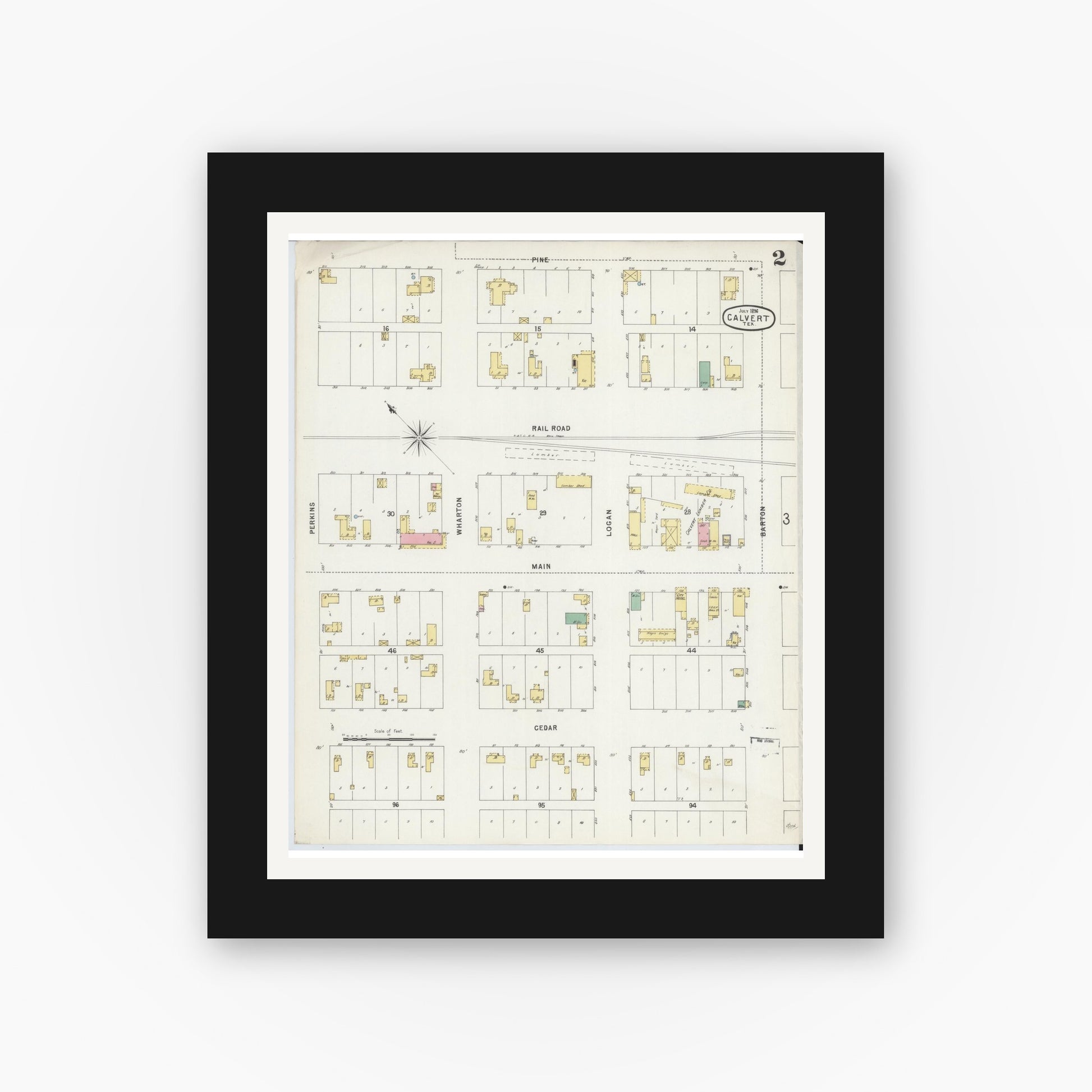 Old map wall art mockup — black gallery frame with white mat — Sanborn Fire Insurance Map from Calvert, Robertson County, Texas (1896), Sheet #0002
