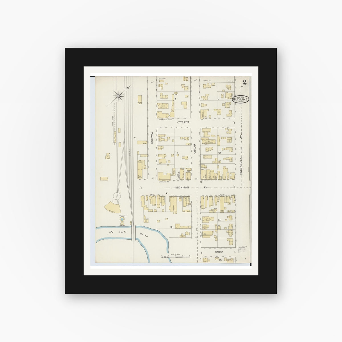 Old map wall art mockup — black gallery frame with white mat — Sanborn Fire Insurance Map from Grayling, Crawford County, Michigan (1893), Sheet #0002