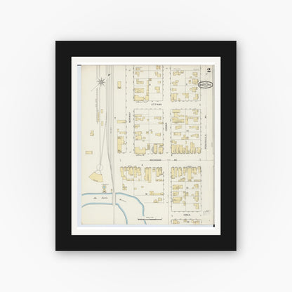 Old map wall art mockup — black gallery frame with white mat — Sanborn Fire Insurance Map from Grayling, Crawford County, Michigan (1893), Sheet #0002