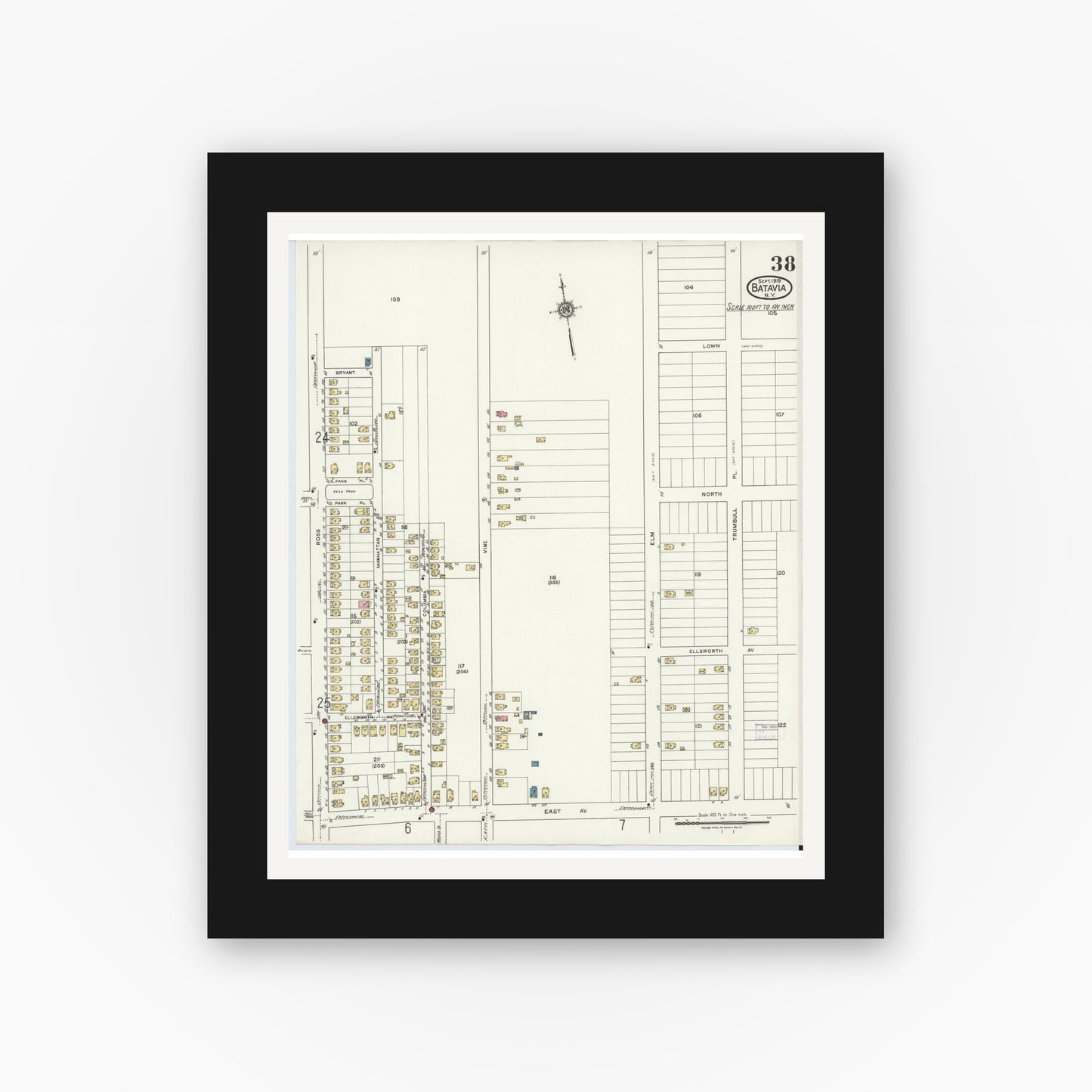 Old map wall art mockup — black gallery frame with white mat — Sanborn Fire Insurance Map from Batavia, Genesee County, New York (1919), Sheet #0038