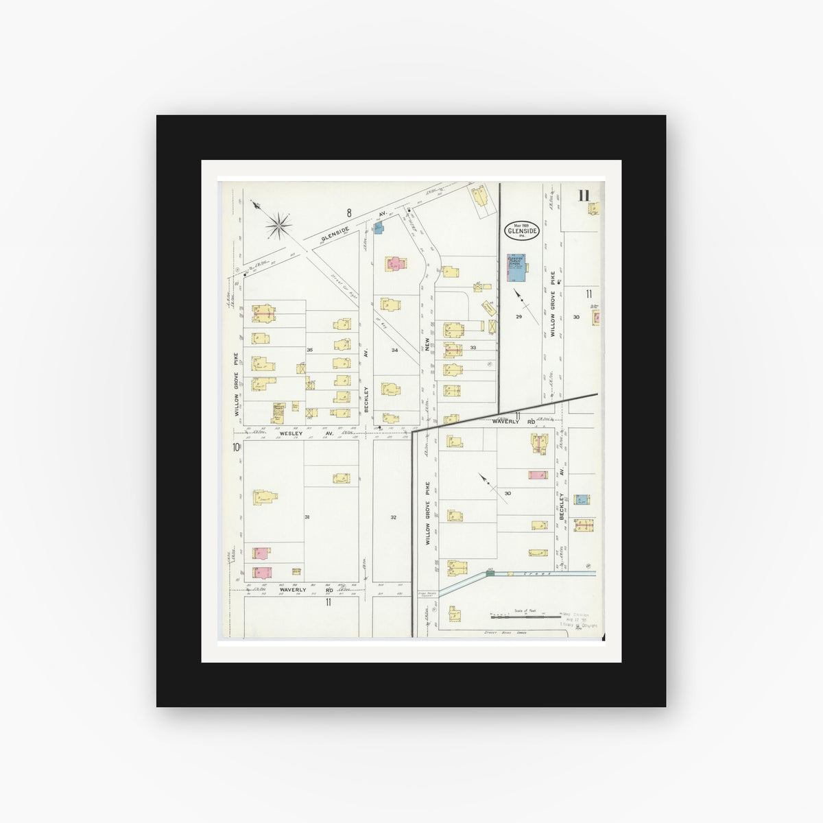 Old map wall art mockup — black gallery frame with white mat — Sanborn Fire Insurance Map from Glenside, Montgomery County, Pennsylvania (1909), Sheet #0011