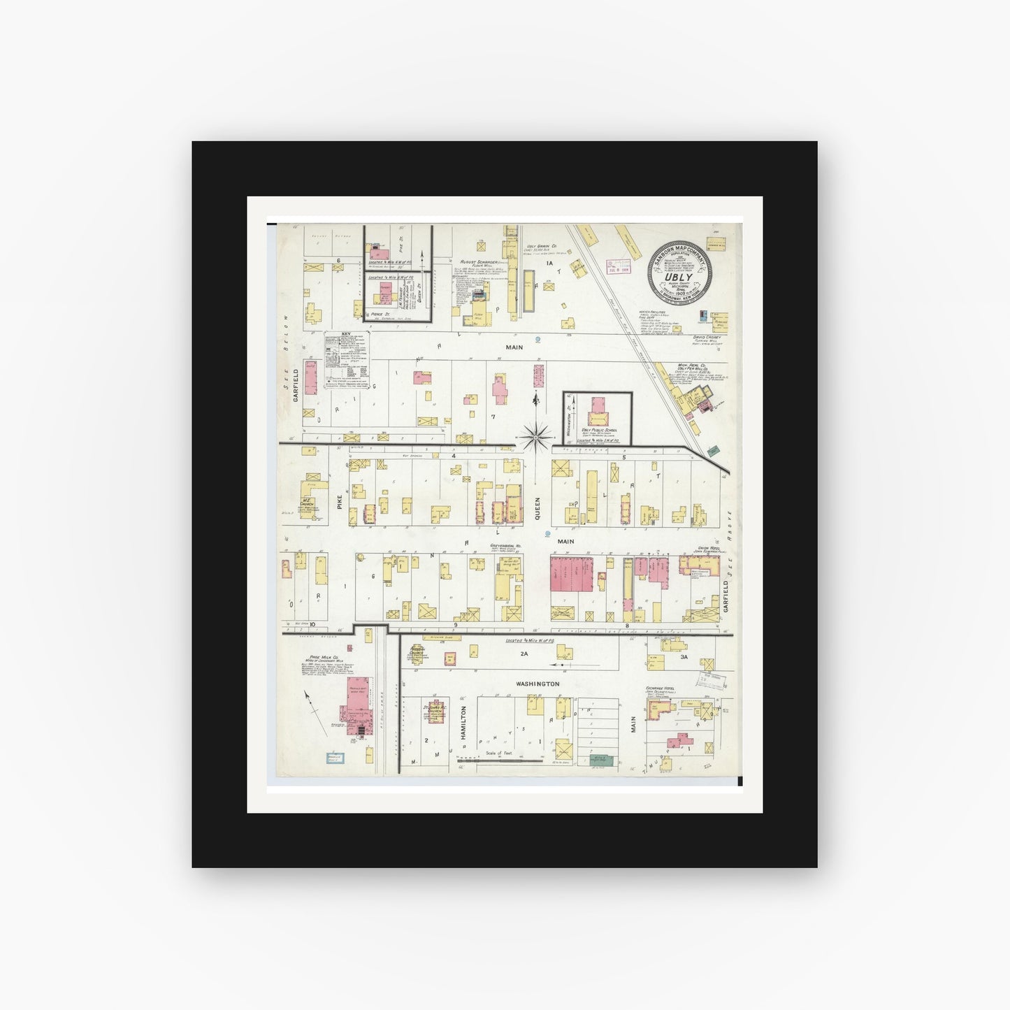 Old map wall art mockup — black gallery frame with white mat — Sanborn Fire Insurance Map from Ubly, Huron County, Michigan (1909), Sheet #0001