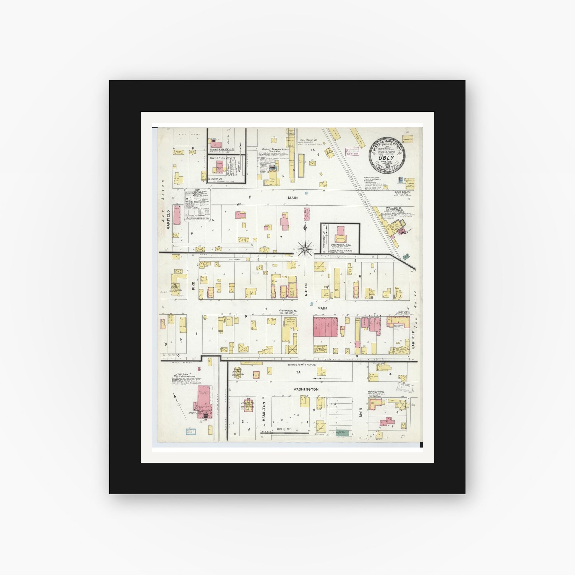 Old map wall art mockup — black gallery frame with white mat — Sanborn Fire Insurance Map from Ubly, Huron County, Michigan (1909), Sheet #0001