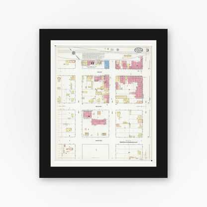 Old map wall art mockup — black gallery frame with white mat — Sanborn Fire Insurance Map from Perham, Otter Tail County, Minnesota (1916), Sheet #0003