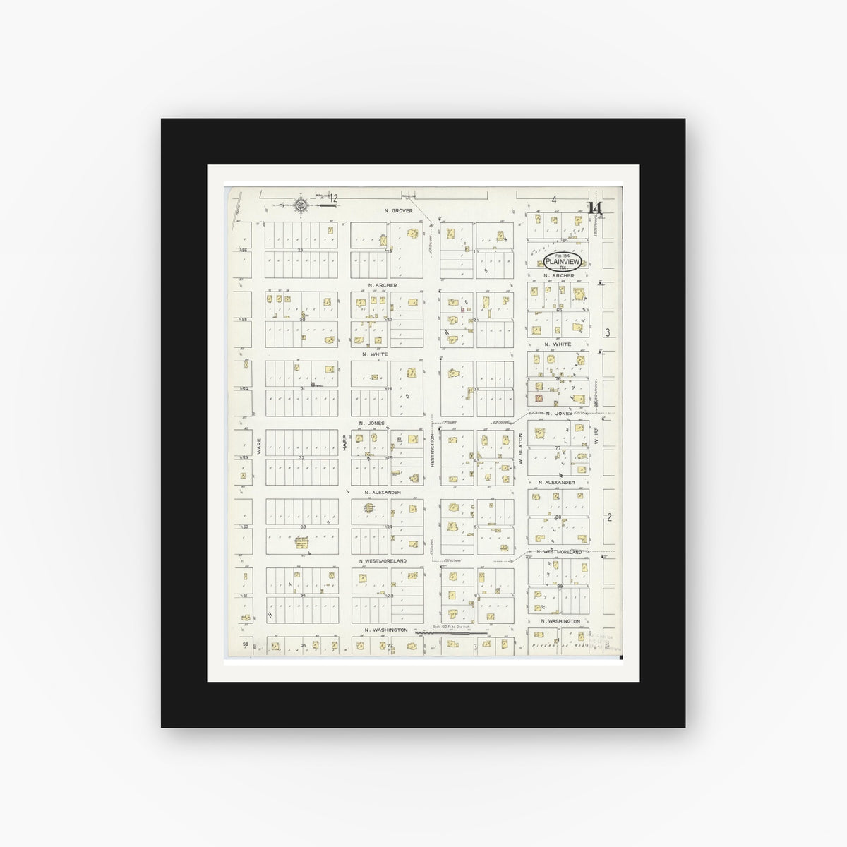 Old map wall art mockup — black gallery frame with white mat — Sanborn Fire Insurance Map from Plainview, Hale County, Texas (1914), Sheet #0014