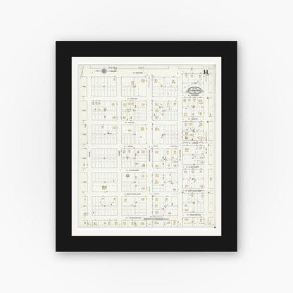 Old map wall art mockup — black gallery frame with white mat — Sanborn Fire Insurance Map from Plainview, Hale County, Texas (1914), Sheet #0014