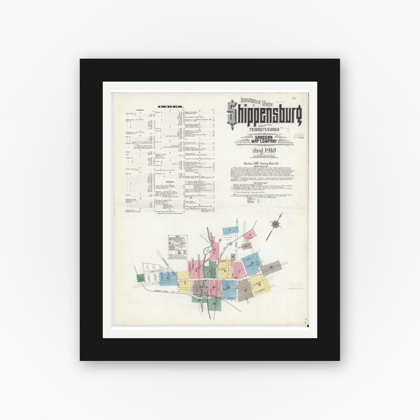 Old map wall art mockup — black gallery frame with white mat — Sanborn Fire Insurance Map from Shippensburg, Cumberland And Franklin Counties, Pennsylvania (1910) - Complete Map Set