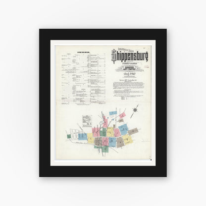 Old map wall art mockup — black gallery frame with white mat — Sanborn Fire Insurance Map from Shippensburg, Cumberland And Franklin Counties, Pennsylvania (1910) - Complete Map Set