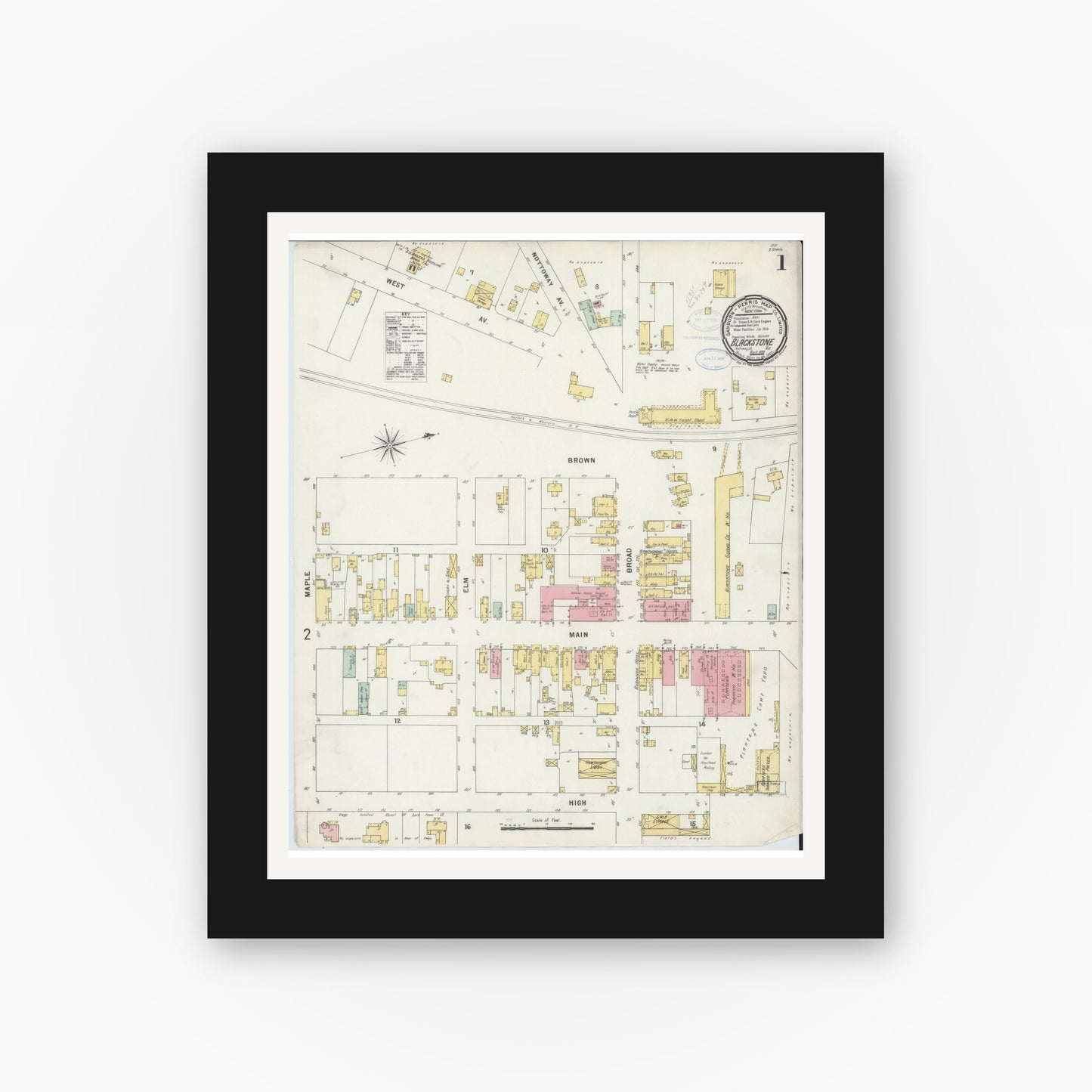 Old map wall art mockup — black gallery frame with white mat — Sanborn Fire Insurance Map from Blackstone, Nottoway County, Virginia (1898) - Complete Map Set