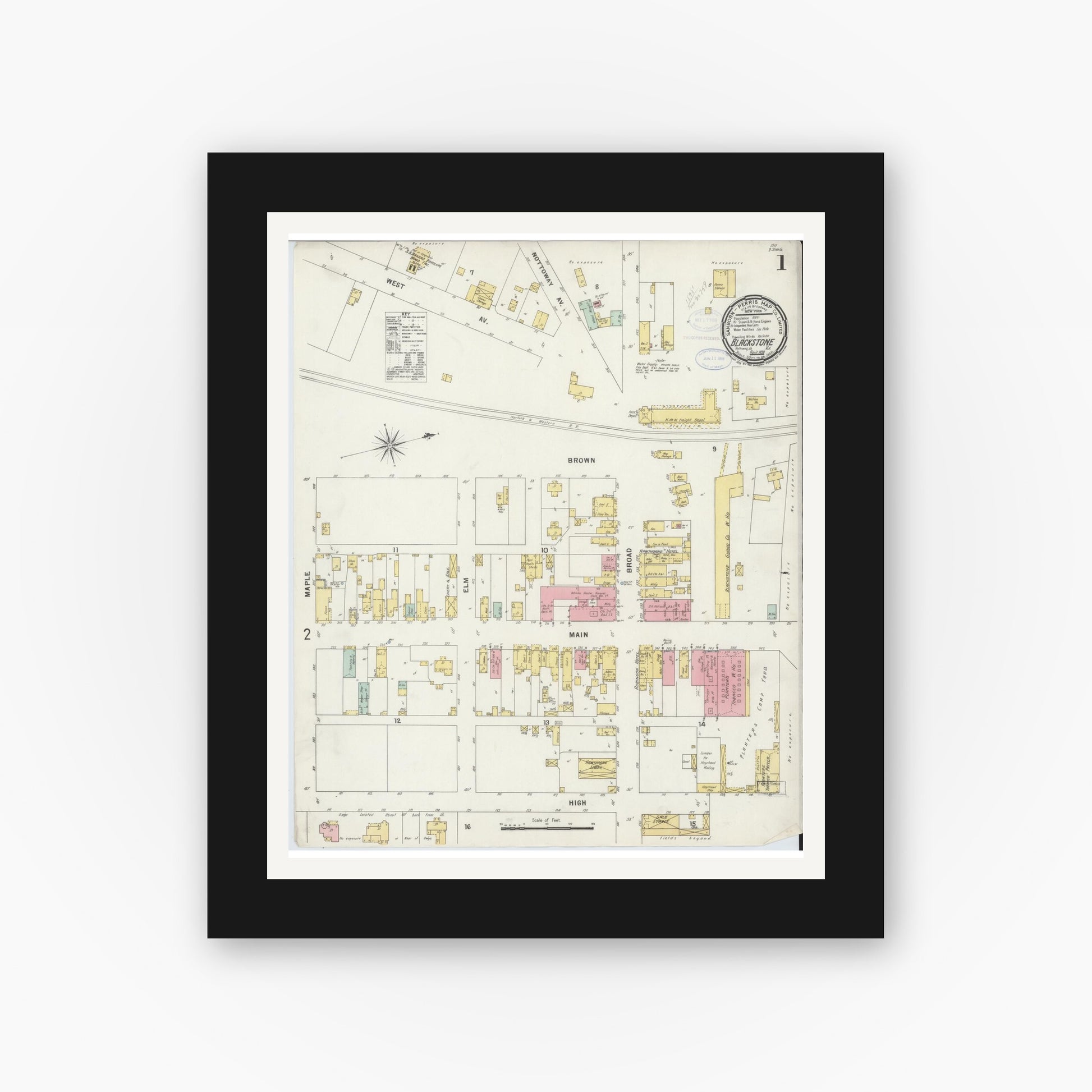 Old map wall art mockup — black gallery frame with white mat — Sanborn Fire Insurance Map from Blackstone, Nottoway County, Virginia (1898) - Complete Map Set