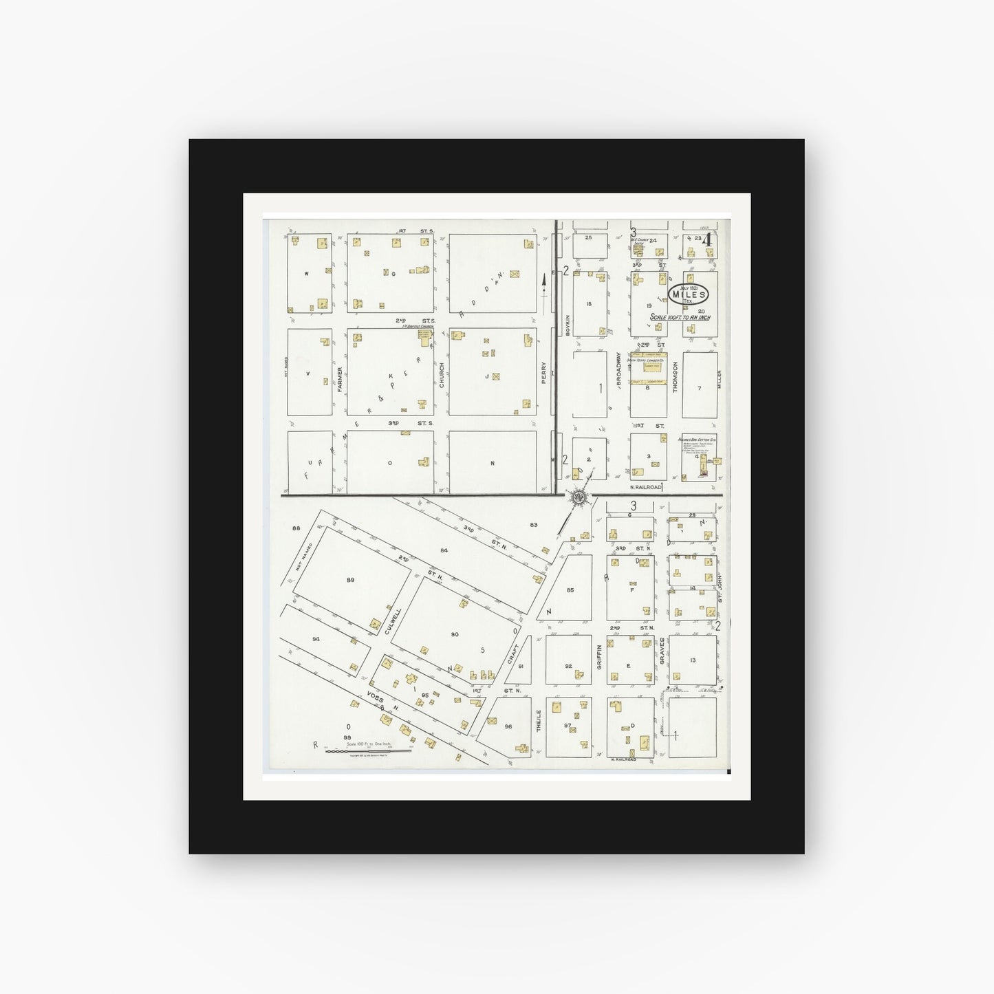 Old map wall art mockup — black gallery frame with white mat — Sanborn Fire Insurance Map from Miles, Runnels County, Texas (1921), Sheet #0004