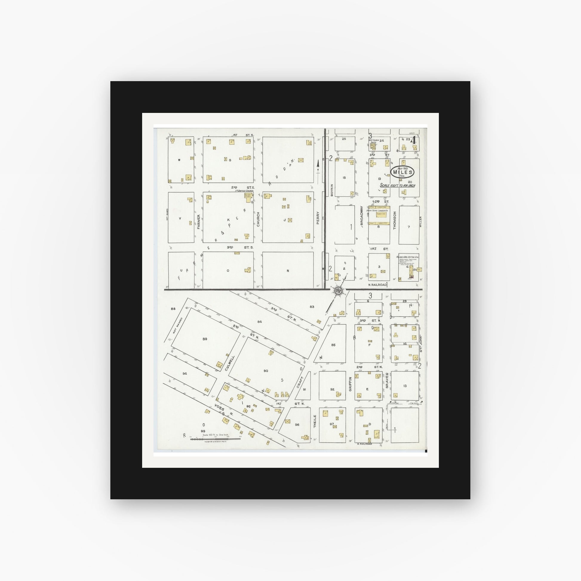 Old map wall art mockup — black gallery frame with white mat — Sanborn Fire Insurance Map from Miles, Runnels County, Texas (1921), Sheet #0004