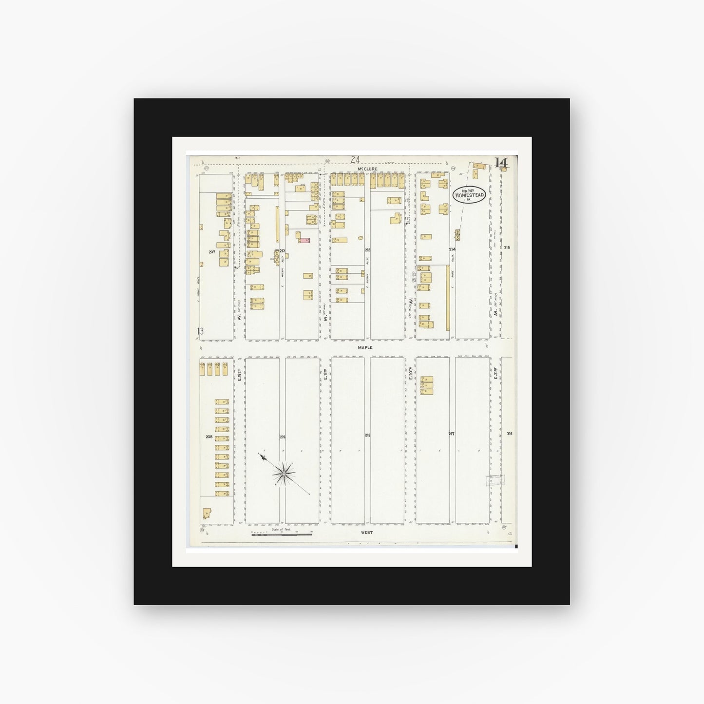 Old map wall art mockup — black gallery frame with white mat — Sanborn Fire Insurance Map from Homestead, Allegheny County, Pennsylvania (1907), Sheet #0014