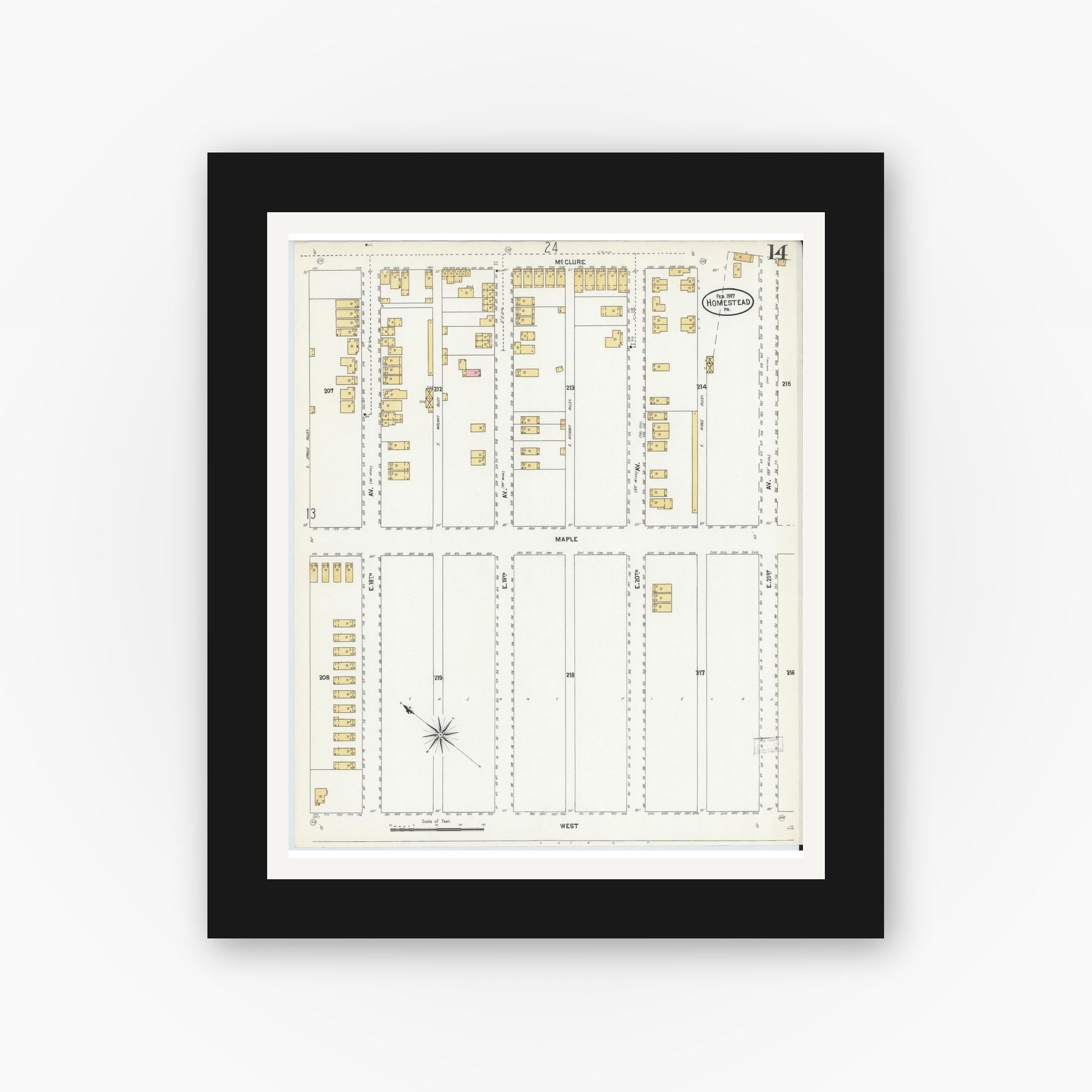 Old map wall art mockup — black gallery frame with white mat — Sanborn Fire Insurance Map from Homestead, Allegheny County, Pennsylvania (1907), Sheet #0014