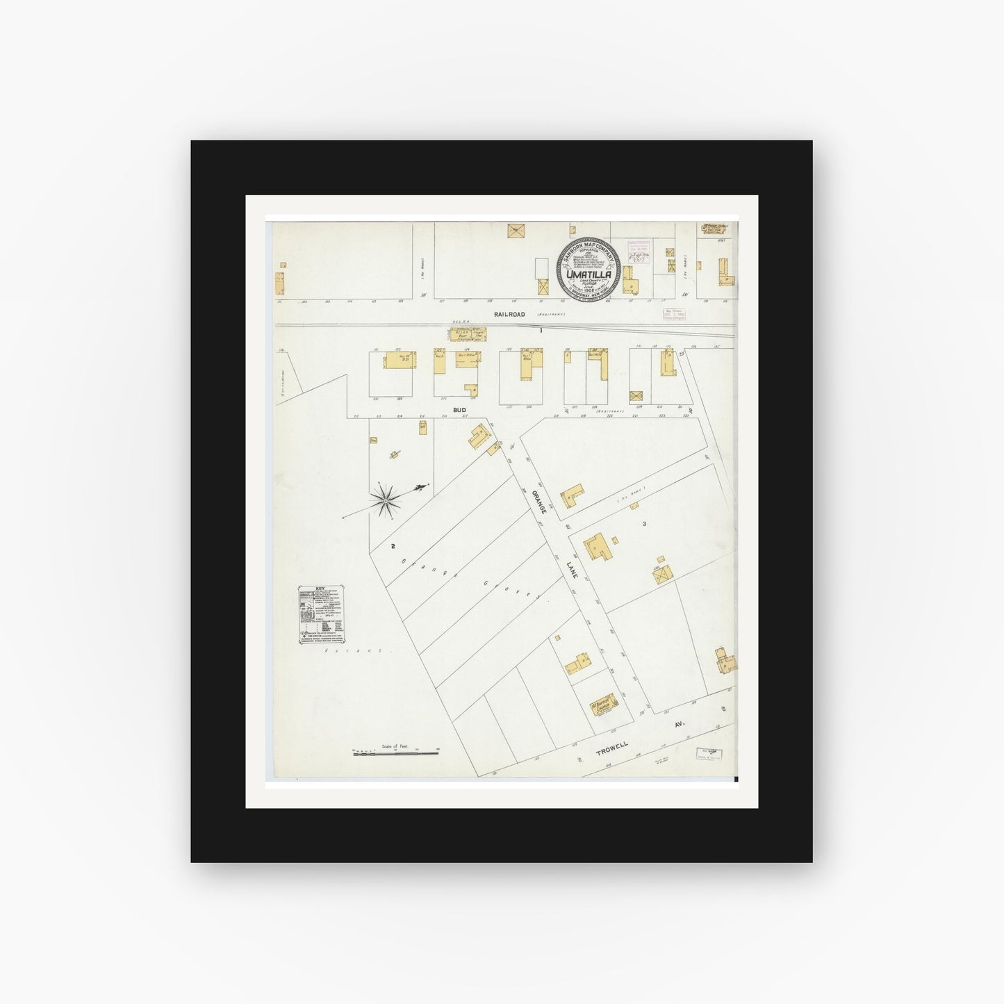 Old map wall art mockup — black gallery frame with white mat — Sanborn Fire Insurance Map from Umatilla, Lake County, Florida (1906), Sheet #0001