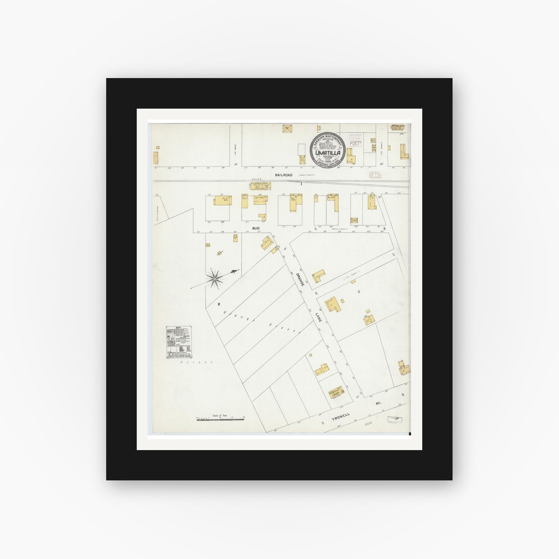 Old map wall art mockup — black gallery frame with white mat — Sanborn Fire Insurance Map from Umatilla, Lake County, Florida (1906), Sheet #0001