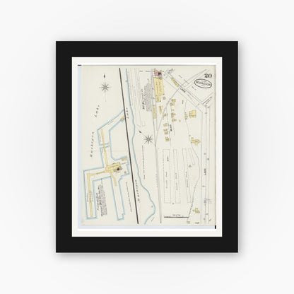 Old map wall art mockup — black gallery frame with white mat — Sanborn Fire Insurance Map from Muskegon, Muskegon County, Michigan (1887), Sheet #0020