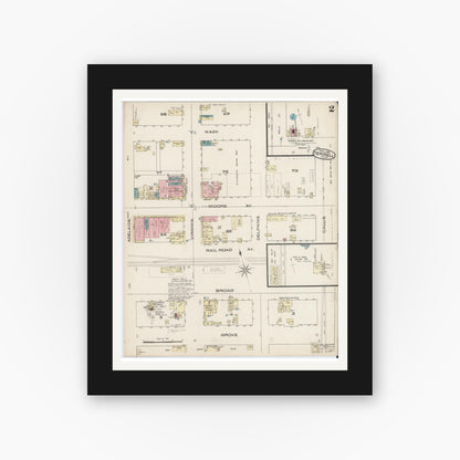 Old map wall art mockup — black gallery frame with white mat — Sanborn Fire Insurance Map from Terrell, Kaufman County, Texas (1885), Sheet #0002