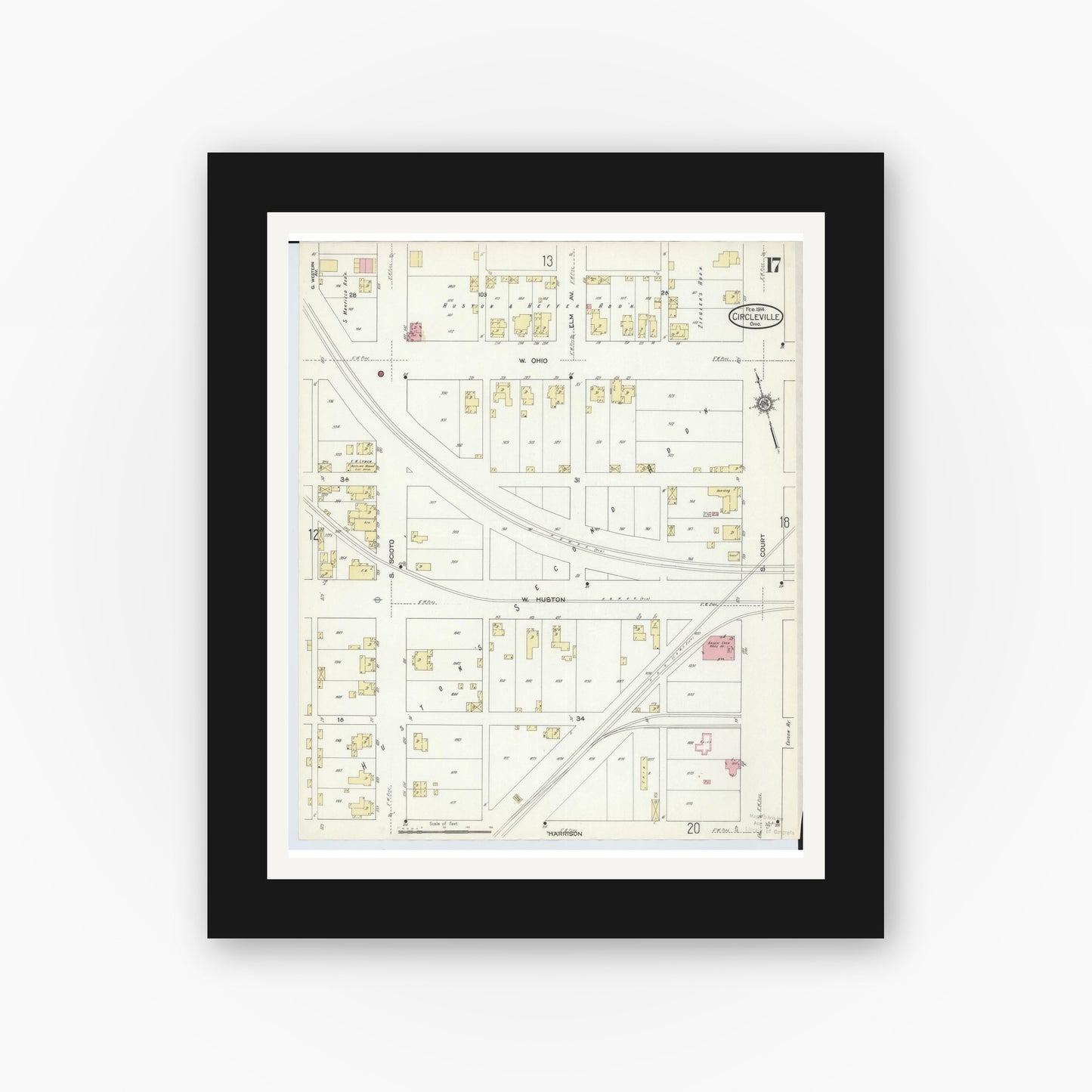 Old map wall art mockup — black gallery frame with white mat — Sanborn Fire Insurance Map from Circleville, Pickaway County, Ohio (1914), Sheet #0017