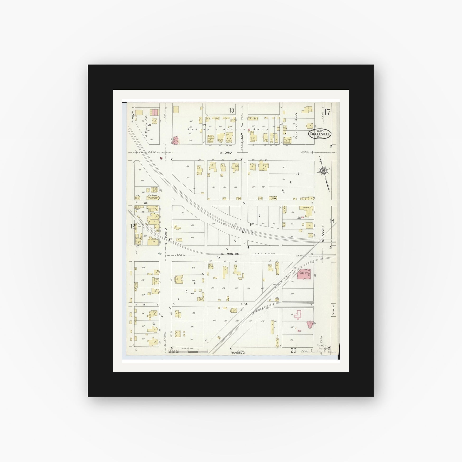 Old map wall art mockup — black gallery frame with white mat — Sanborn Fire Insurance Map from Circleville, Pickaway County, Ohio (1914), Sheet #0017