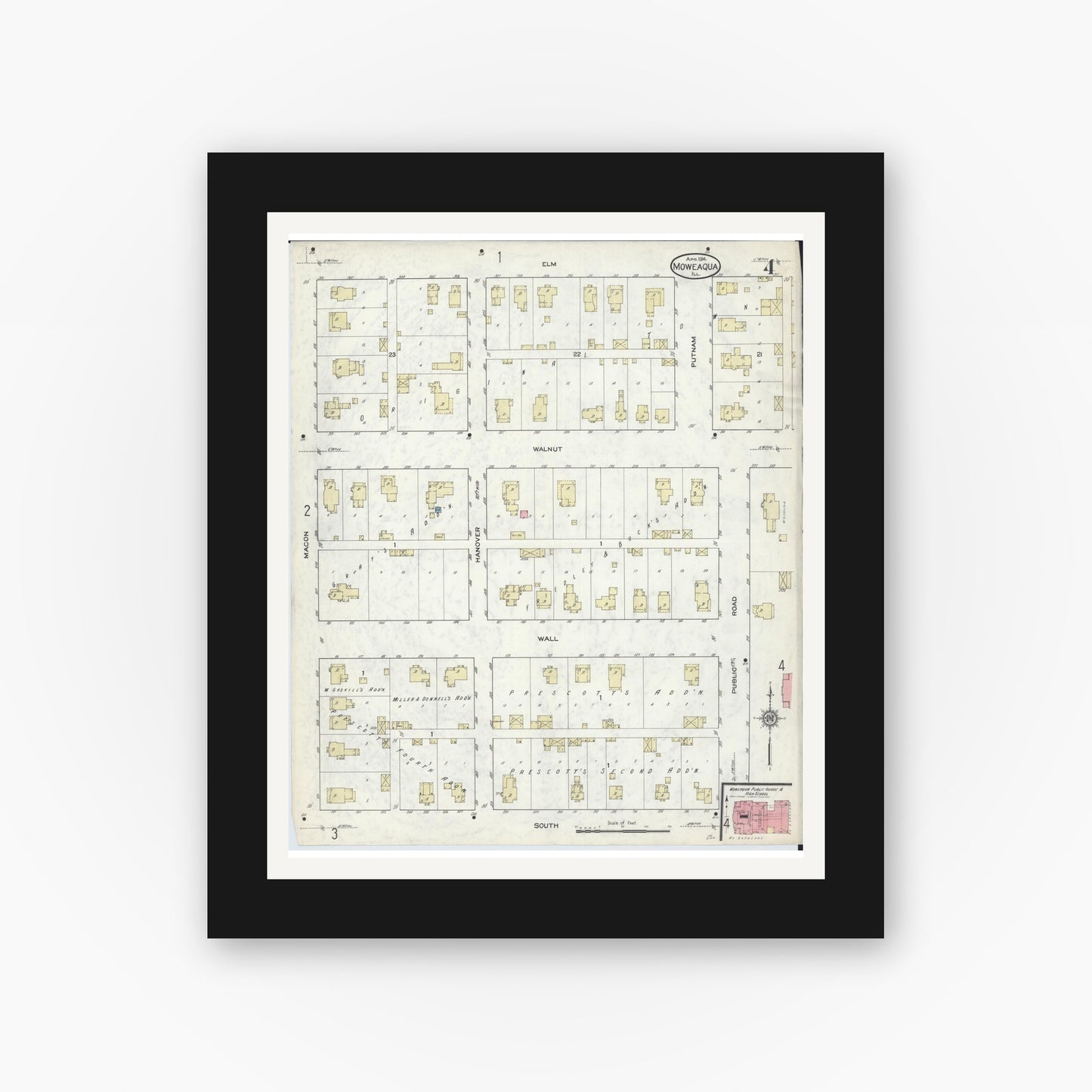 Old map wall art mockup — black gallery frame with white mat — Sanborn Fire Insurance Map from Moweaqua, Shelby County, Illinois (1914), Sheet #0004