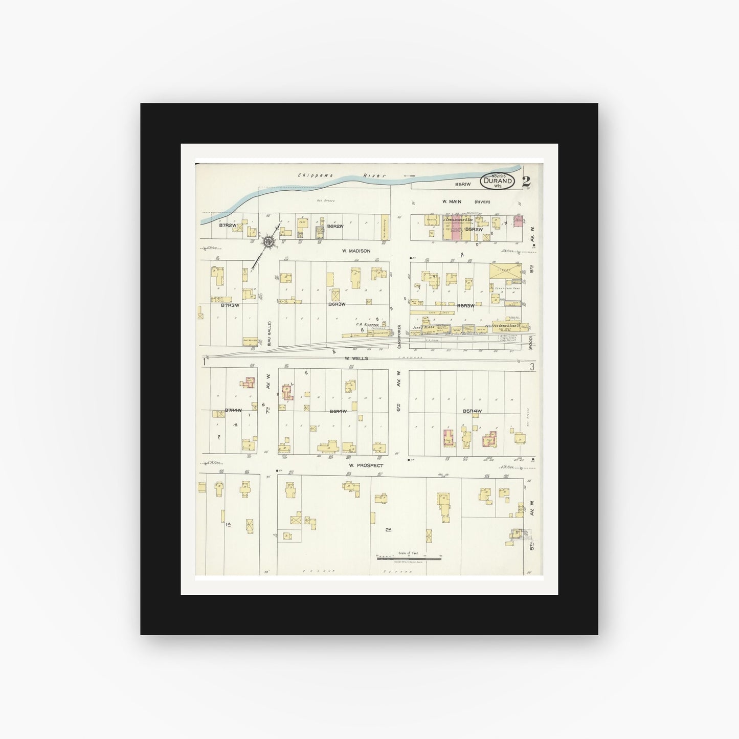 Old map wall art mockup — black gallery frame with white mat — Sanborn Fire Insurance Map from Durand, Pepin County, Wisconsin (1916), Sheet #0002