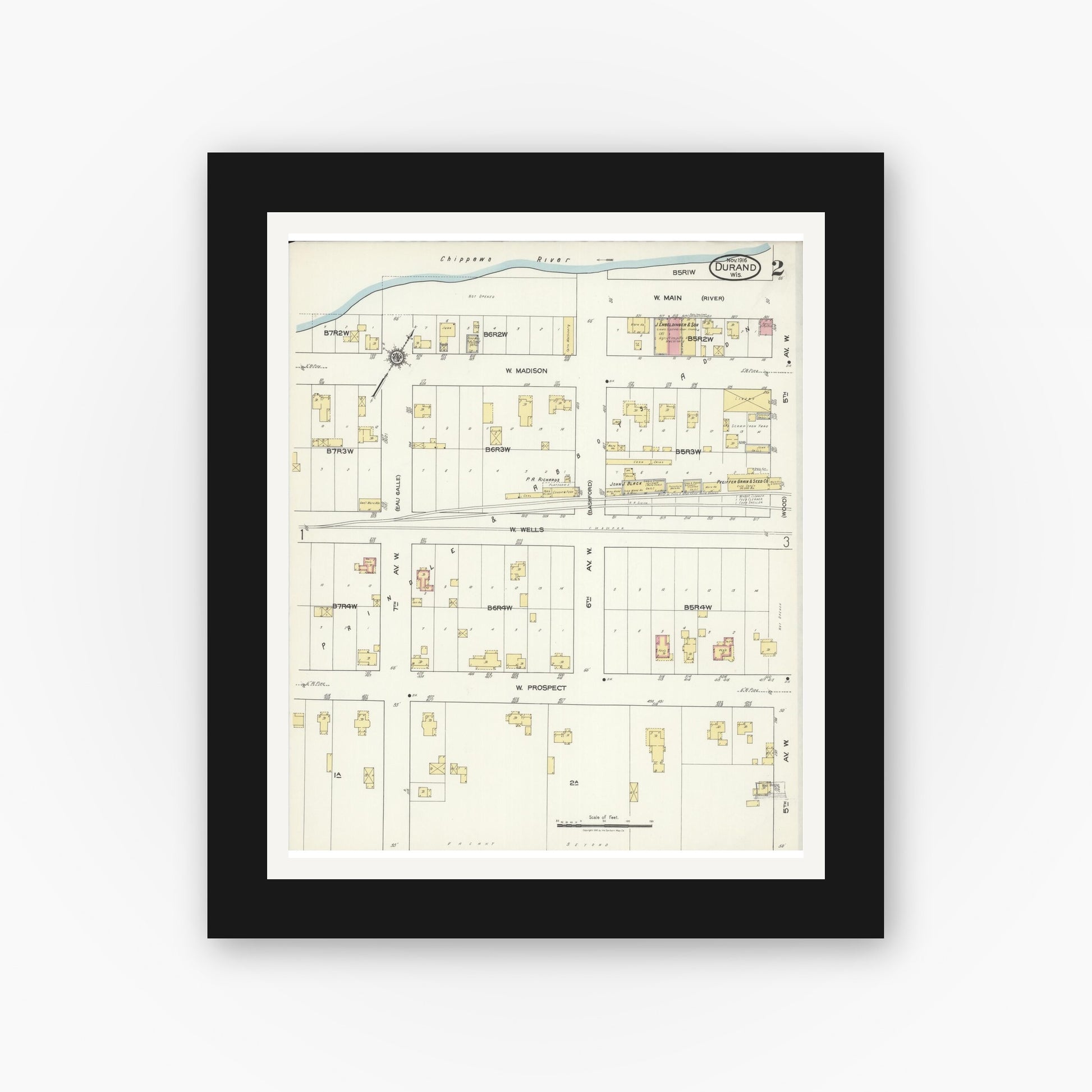 Old map wall art mockup — black gallery frame with white mat — Sanborn Fire Insurance Map from Durand, Pepin County, Wisconsin (1916), Sheet #0002