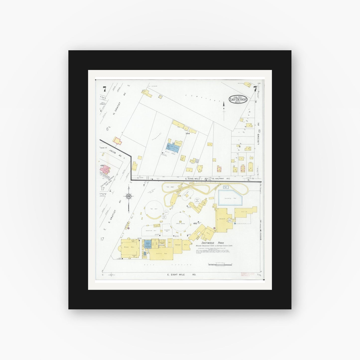 Old map wall art mockup — black gallery frame with white mat — Sanborn Fire Insurance Map from East Detroit, Macomb County, Michigan (1931), Sheet #0007