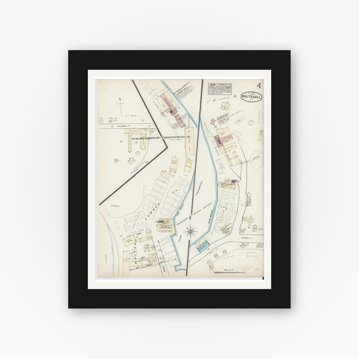 Old map wall art mockup — black gallery frame with white mat — Sanborn Fire Insurance Map from Whitehall, Washington County, New York (1884), Sheet #0004
