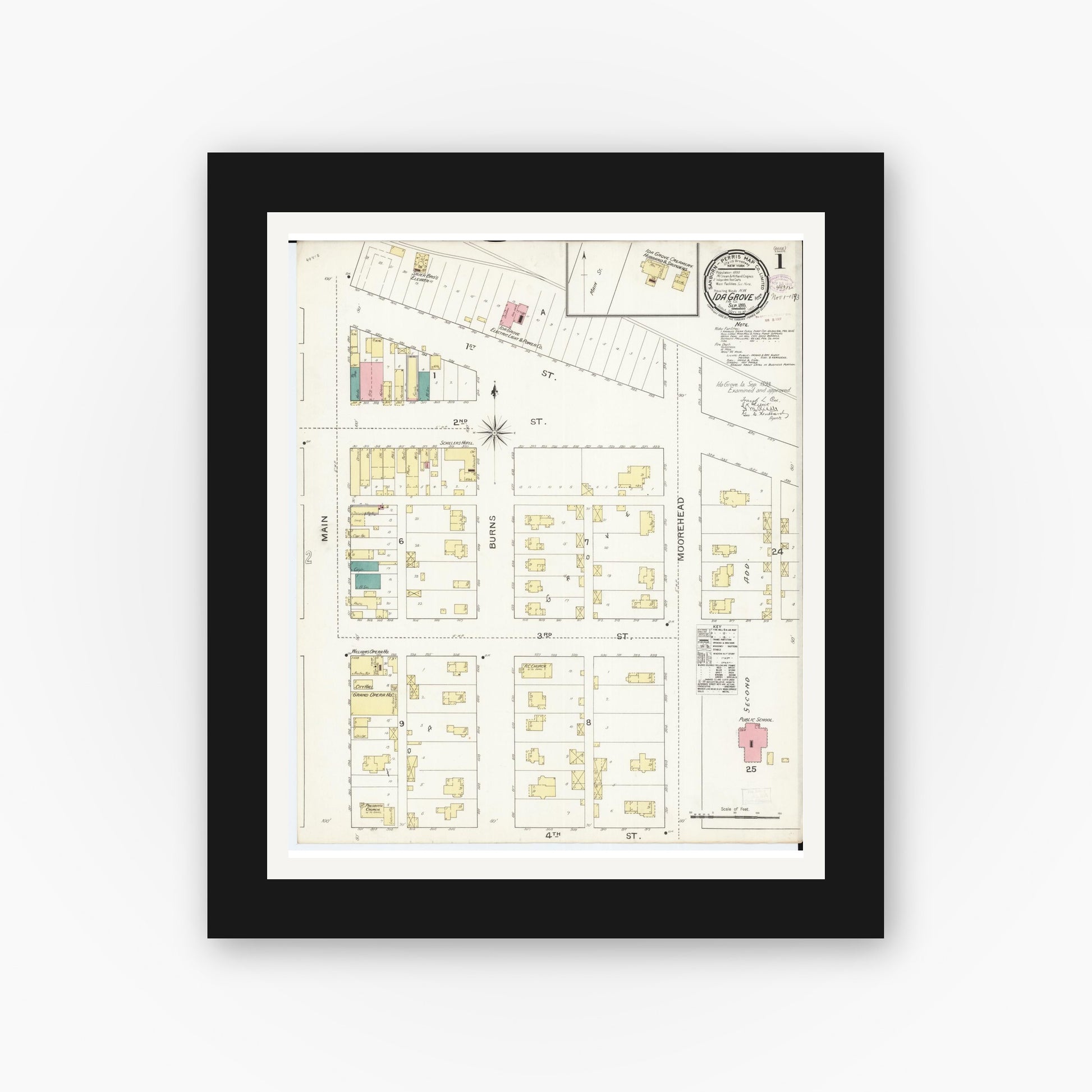 Old map wall art mockup — black gallery frame with white mat — Sanborn Fire Insurance Map from Ida Grove, Ida County, Iowa (1893), Sheet #0001
